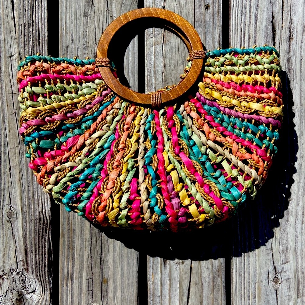 Cappelli Woven Straw Bag with Wooden Ring Handles - Picture 2 of 4